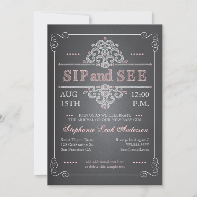 Vintage Chalkboard Baby Girl Sip & See Invitation (Front)
