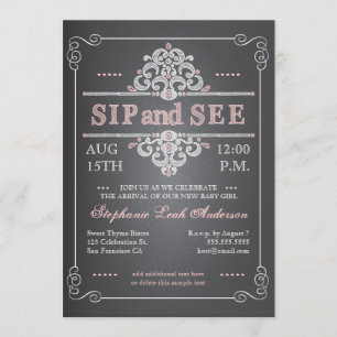 Vintage Chalkboard Baby Girl Sip & See Invitation