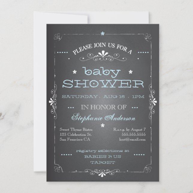 Vintage Chalkboard Baby Shower Boy Blue Invitation (Front)