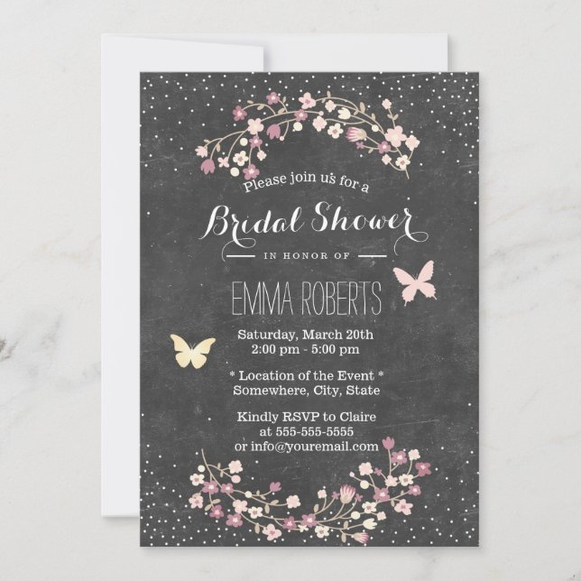 Vintage Chalkboard Butterfly Floral Bridal Shower Invitation (Front)