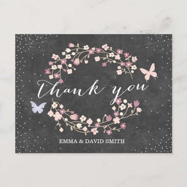 Vintage Chalkboard Butterfly & Flowers Thank You Postcard (Front)