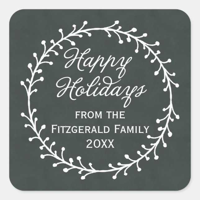 Vintage Chalkboard Christmas Wreath Happy Holidays Square Sticker (Front)