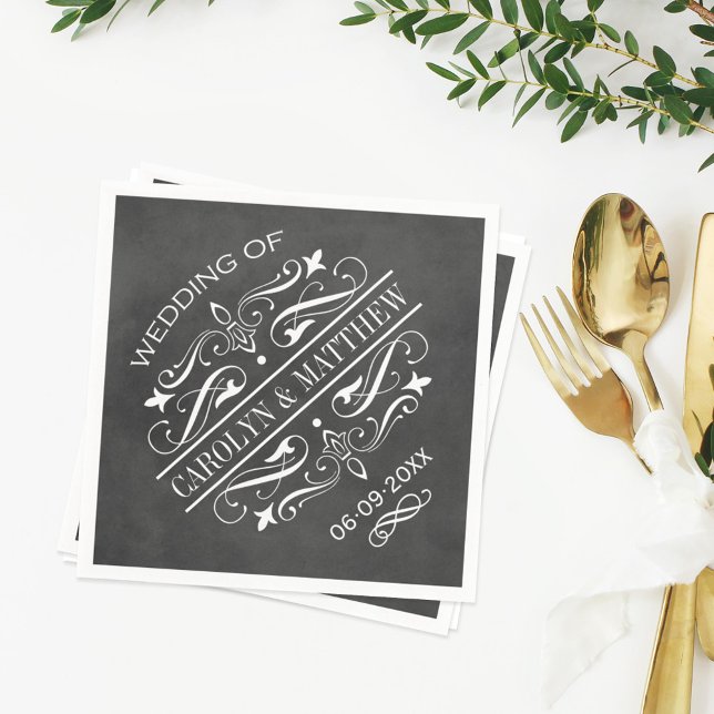 Vintage Chalkboard Flourish Monogram Wedding Napkin (Creator Uploaded)