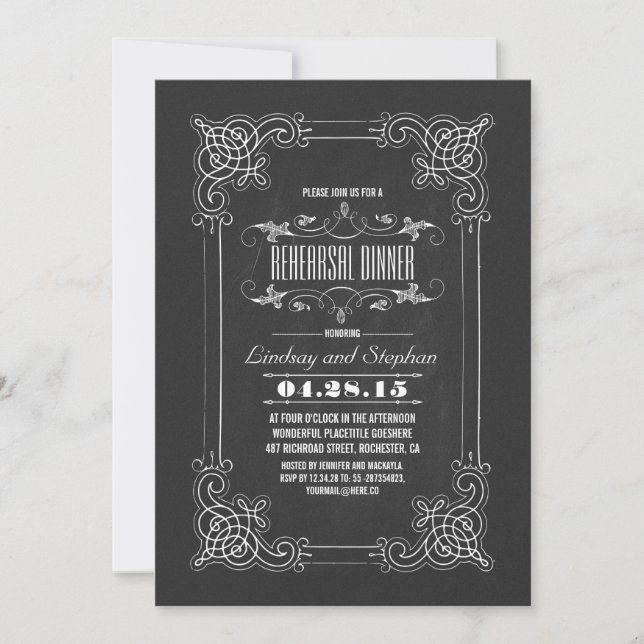 Vintage chalkboard flourishes rehearsal dinner invitation (Front)