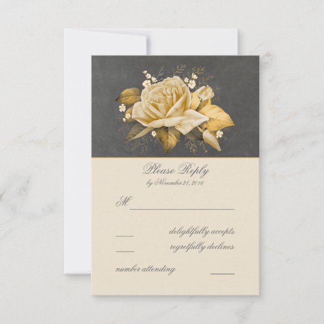 Vintage Chalkboard Flowers Gold Wedding RSVP Card (Front)