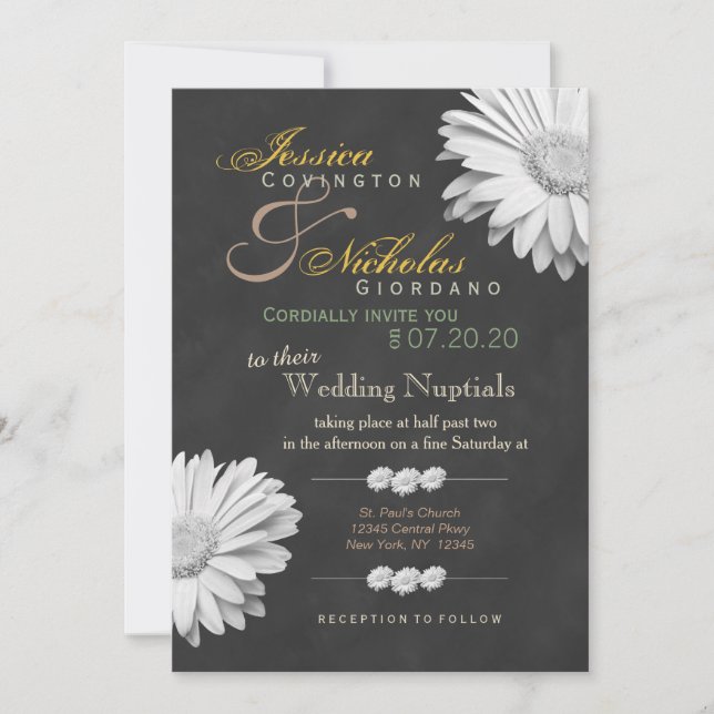 Vintage Chalkboard Gerbera Floral Wedding Invites (Front)