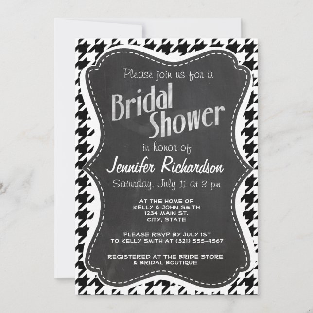 Vintage Chalkboard look; Black & White Houndstooth Invitation (Front)