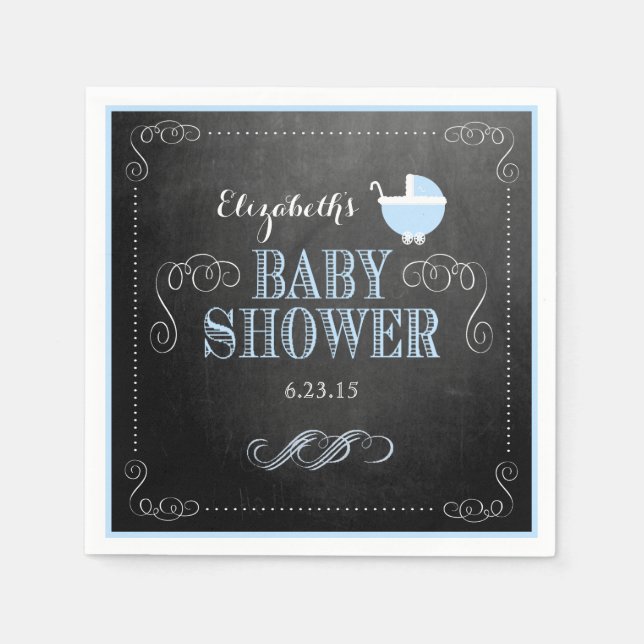 Vintage Chalkboard Look Blue Carriage Baby Shower Napkin (Front)