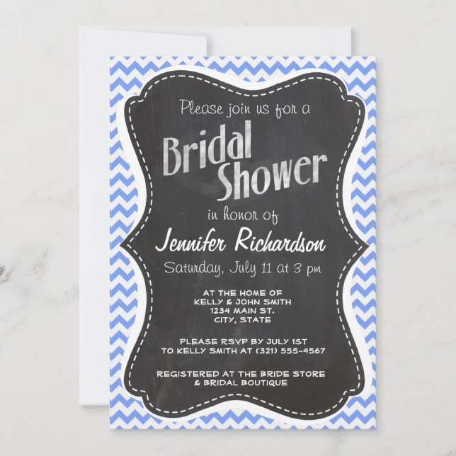 Vintage Chalkboard look, Blue Chevron Pattern Invitation (Front)