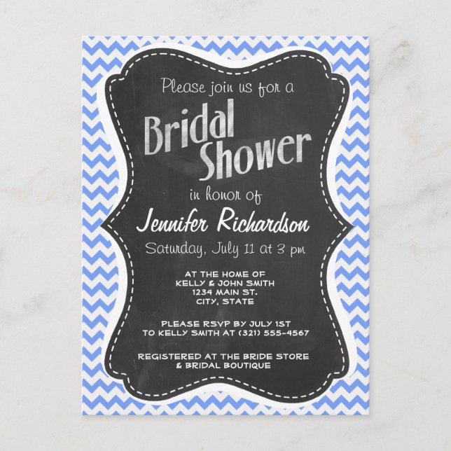 Vintage Chalkboard look, Blue Chevron Pattern Invitation Postcard (Front)
