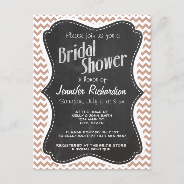 Vintage Chalkboard look; Brown Chevron Pattern Invitation Postcard (Front)