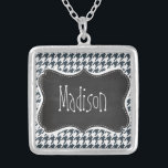 Vintage Chalkboard look Charcoal Colour Houndstoot Silver Plated Necklace<br><div class="desc">You will love this cute, elegant, vintage chalkboard design with Charcoal Colour Houndstooth pattern design! We invite you to our store, Bridal Shower Shop, to view this cool retro blackboard design on many more great customizable products, including girly Bride buttons, modern Wedding stamps, and trendy chalk Bridal Shower invitations! Thank...</div>