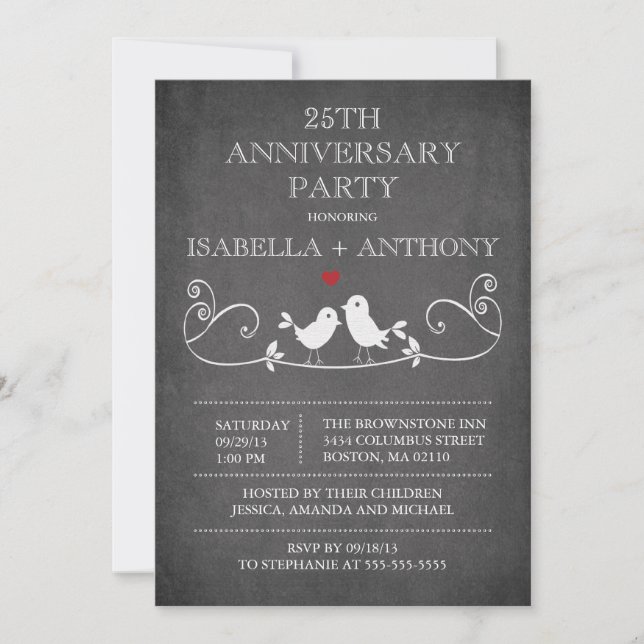 Vintage Chalkboard Love Birds Anniversary Party Invitation (Front)