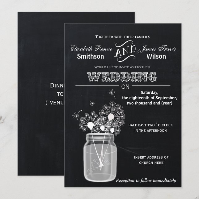 Vintage Chalkboard Mason Jar floral wedding Invitation (Front/Back)