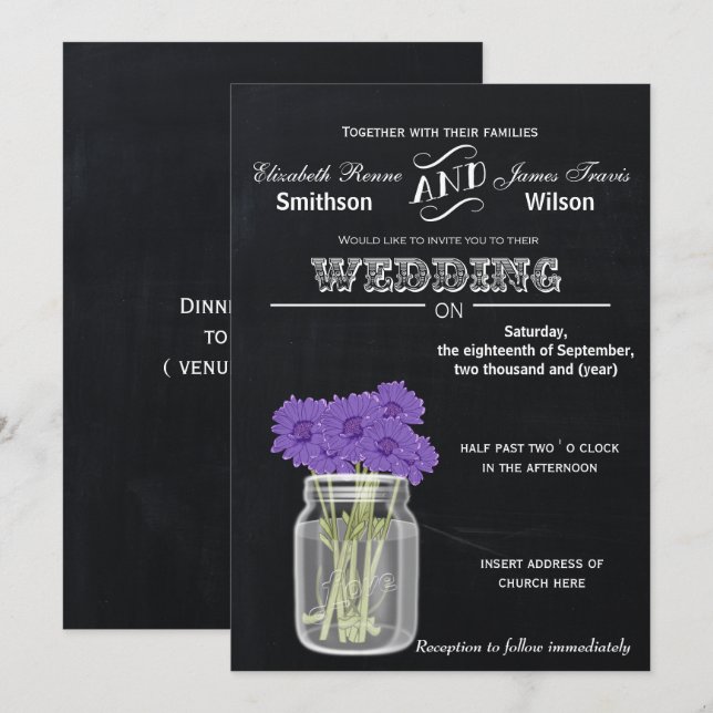 Vintage Chalkboard Mason Jar floral wedding invite (Front/Back)