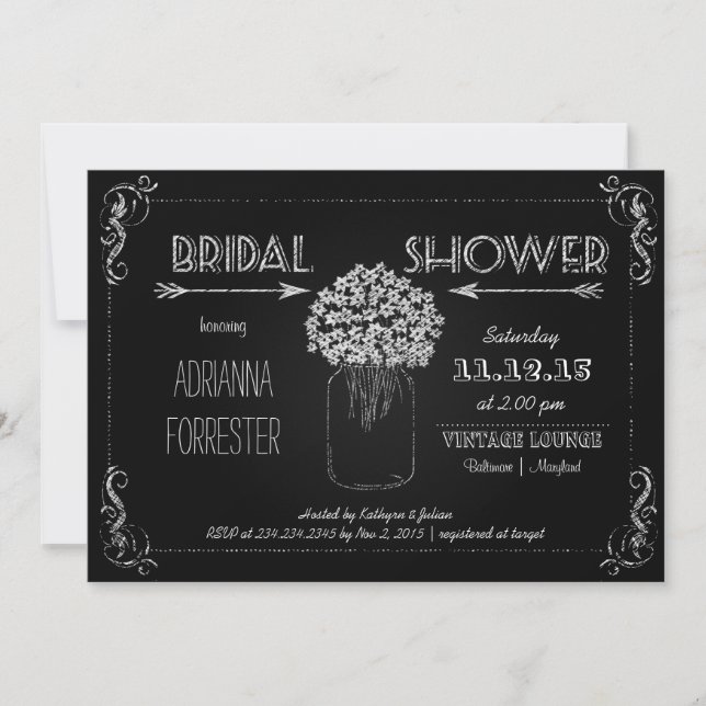 Vintage Chalkboard MasonJar Flowers Bridal Shower Invitation (Front)