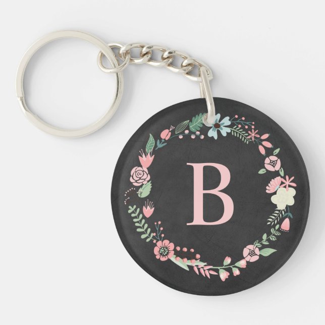 Vintage Chalkboard Monogram Floral Wreath Keychain (Front)