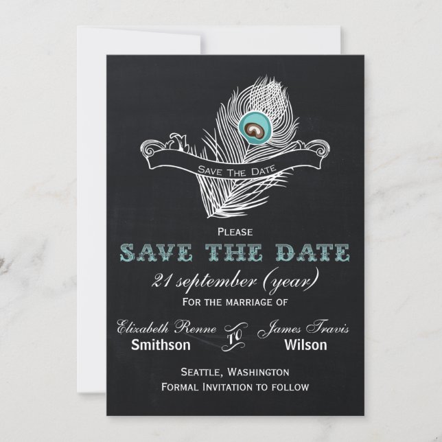 Vintage Chalkboard peacock save the date (Front)