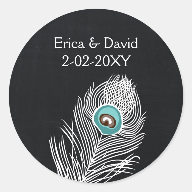 Vintage Chalkboard peacock  wedding favour sticker (Front)