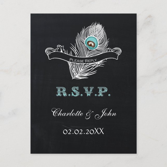 Vintage Chalkboard peacock wedding rsvp Invitation Postcard (Front)