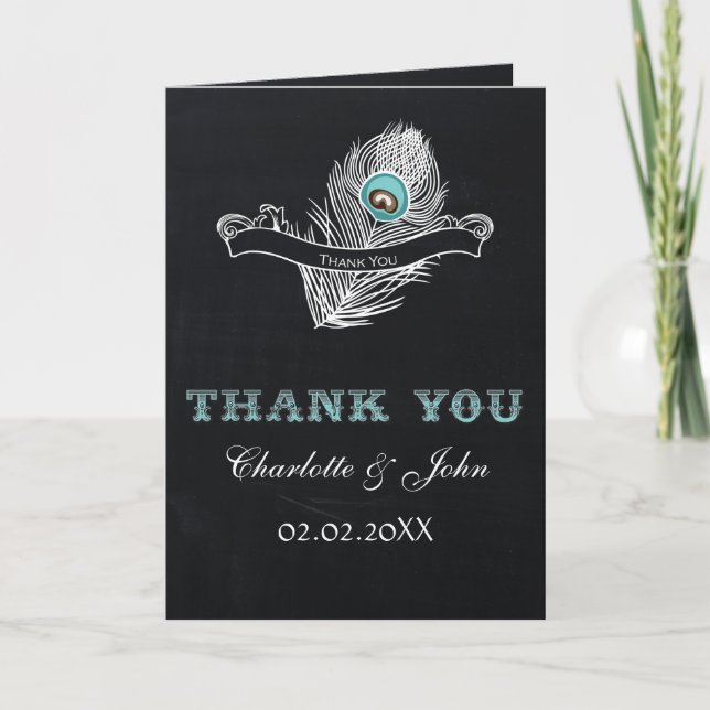 Vintage Chalkboard peacock wedding Thank You (Front)
