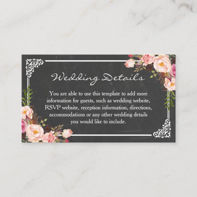 Vintage Chalkboard Pink Floral Wedding Insert Card (Front)