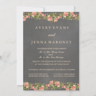 Vintage Chalkboard Pink Flower Wedding Invitation