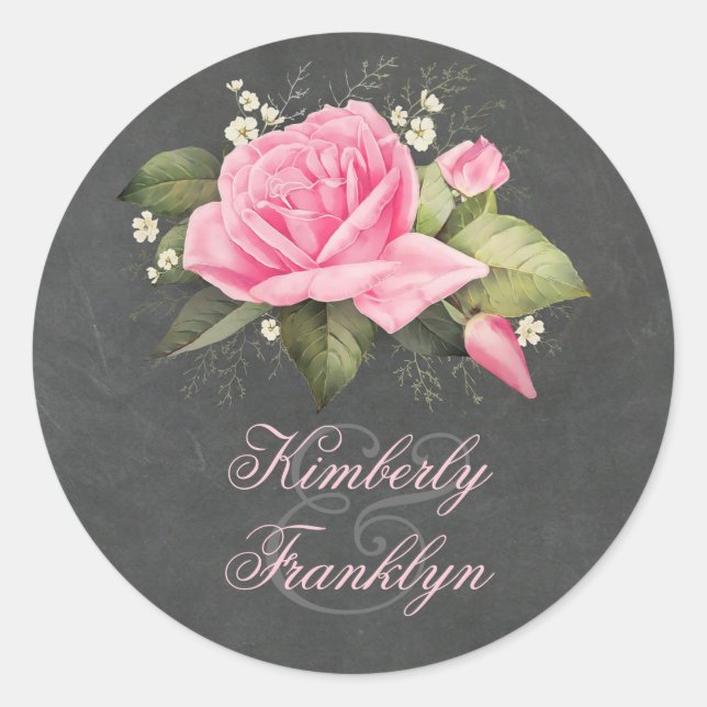 Vintage Chalkboard Pink Rose Wedding Classic Round Sticker (Front)
