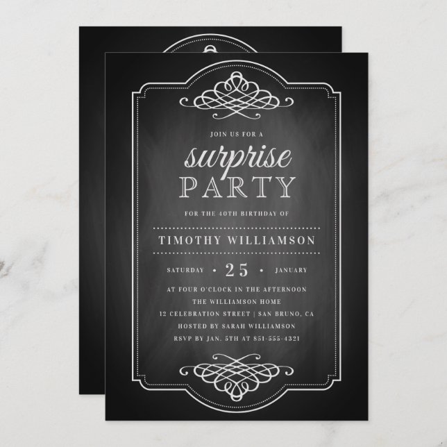 Vintage Chalkboard Rustic Surprise Birthday Party Invitation (Front/Back)