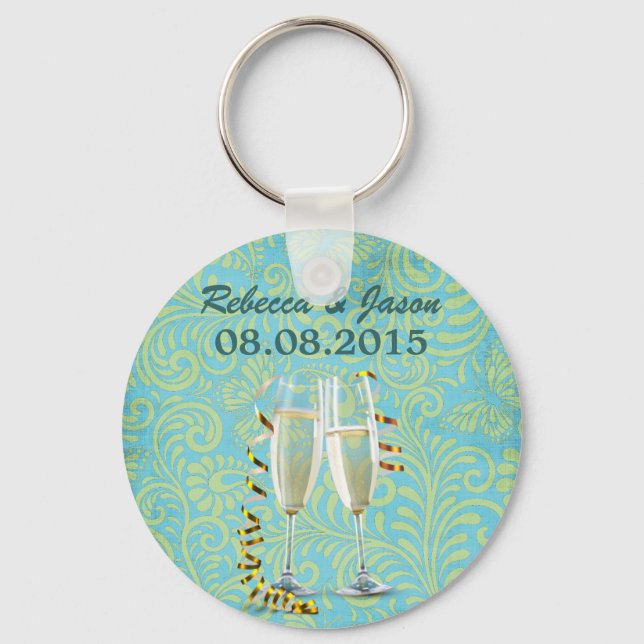 vintage champagne flutes teal gold damask wedding keychain (Front)
