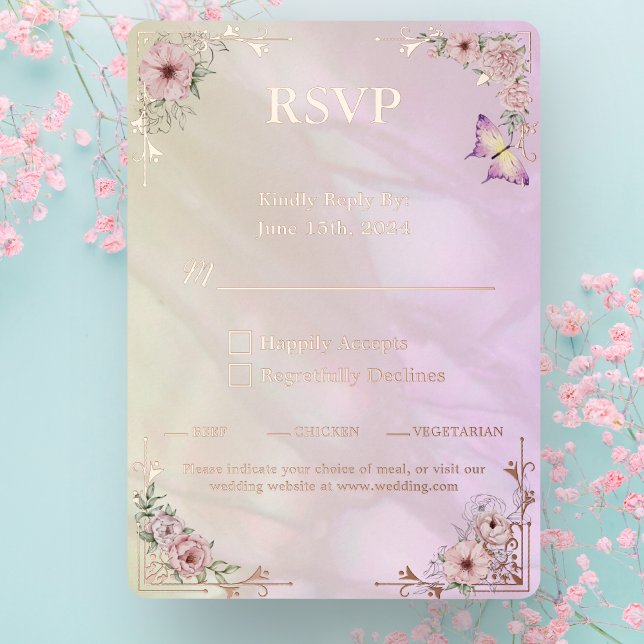 Vintage Champagne Peony Wedding Foil RSVP  Card (Creator Uploaded)