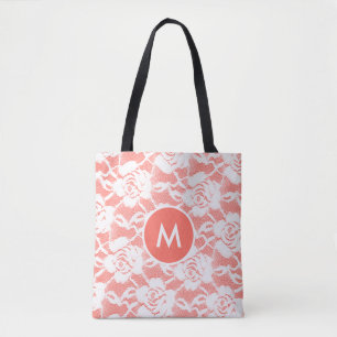 Vintage Chantilly White Lace Coral Monogrammed Tote Bag