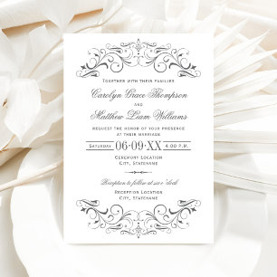 Vintage Charcoal Grey Flourish Wedding Invitation
