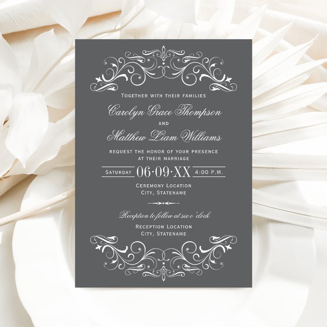 Vintage Charcoal Grey Flourish Wedding Invitation (Creator Uploaded)