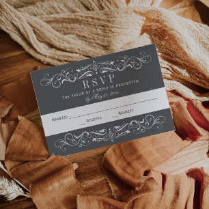 Vintage Charcoal Grey Flourish Wedding RSVP Card