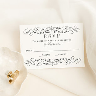 Vintage Charcoal Grey Flourish Wedding RSVP Card