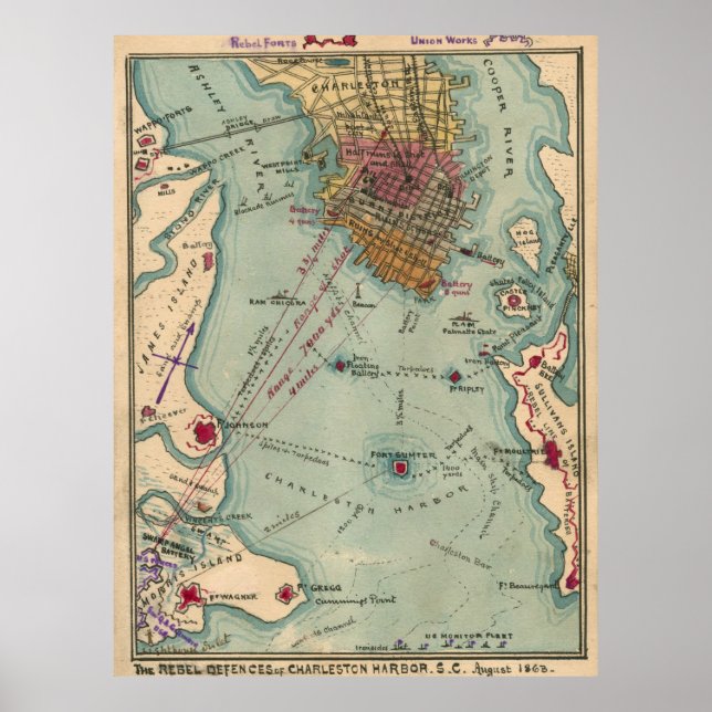 Vintage Charleston SC Civil War Map (1865) Poster (Front)