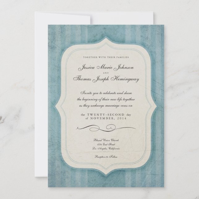 Vintage Charm Blue Monogram Wedding Invitations (Front)