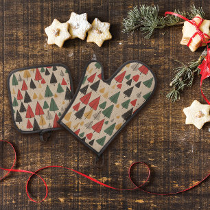 Vintage Charm: Christmas Tree Pattern Oven Mitt & Pot Holder Set