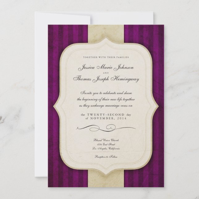 Vintage Charm Ivory & Aubergine Wedding Invites (Front)