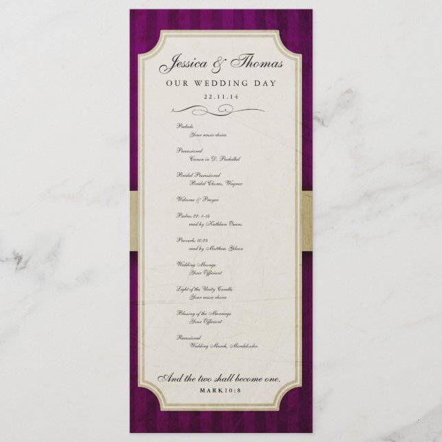 Vintage Charm Ivory & Aubergine Wedding Program (Front)
