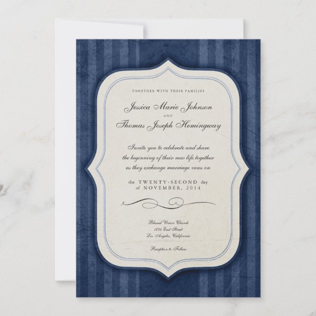 Vintage Charm Navy Monogram Wedding Invitations (Front)