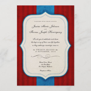 Vintage Charm Red & Blue Monogram Wedding Invitation