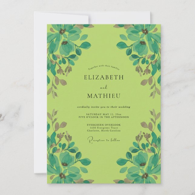 Vintage Chartreuse Aqua Leafy Wedding Invitation (Front)