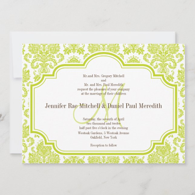 Vintage Chartreuse Damask Wedding Invitations (Front)