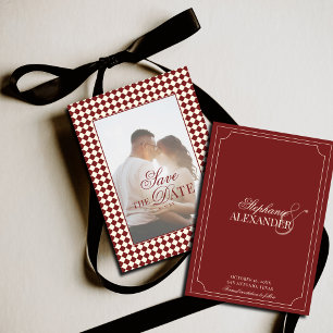Vintage Checks Red Ivory Old Money Photo Wedding Save The Date