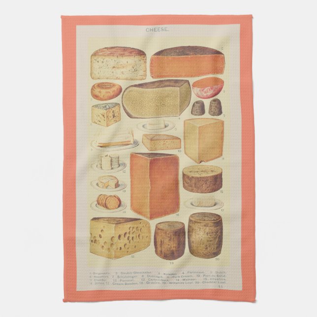 Vintage cheese chart illustration cheese menu kitchen towel (Vertical)