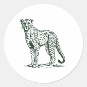 Vintage Cheetah Illustration In Green And Grey Sti Classic Round Sticker