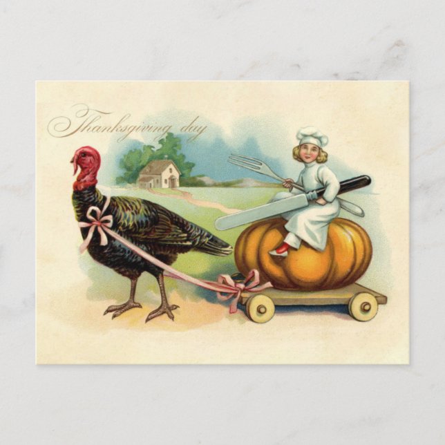 Vintage Chef Riding on Giant Pumpkin Thanksgiving Postcard (Front)