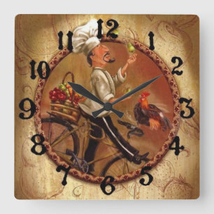 Vintage Chef w/Fruit Basket Square Wall Clock
